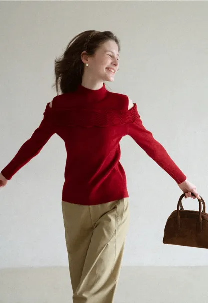 Elegant Off Shoulder Knit Sweater with Wave Detail