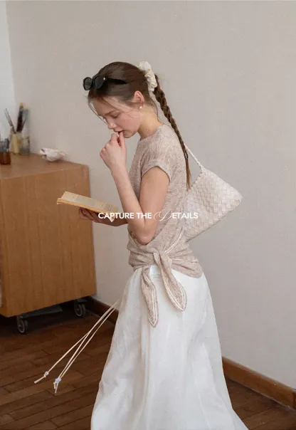 Short Sleeve Knit Sweater with Neck Tie Detail