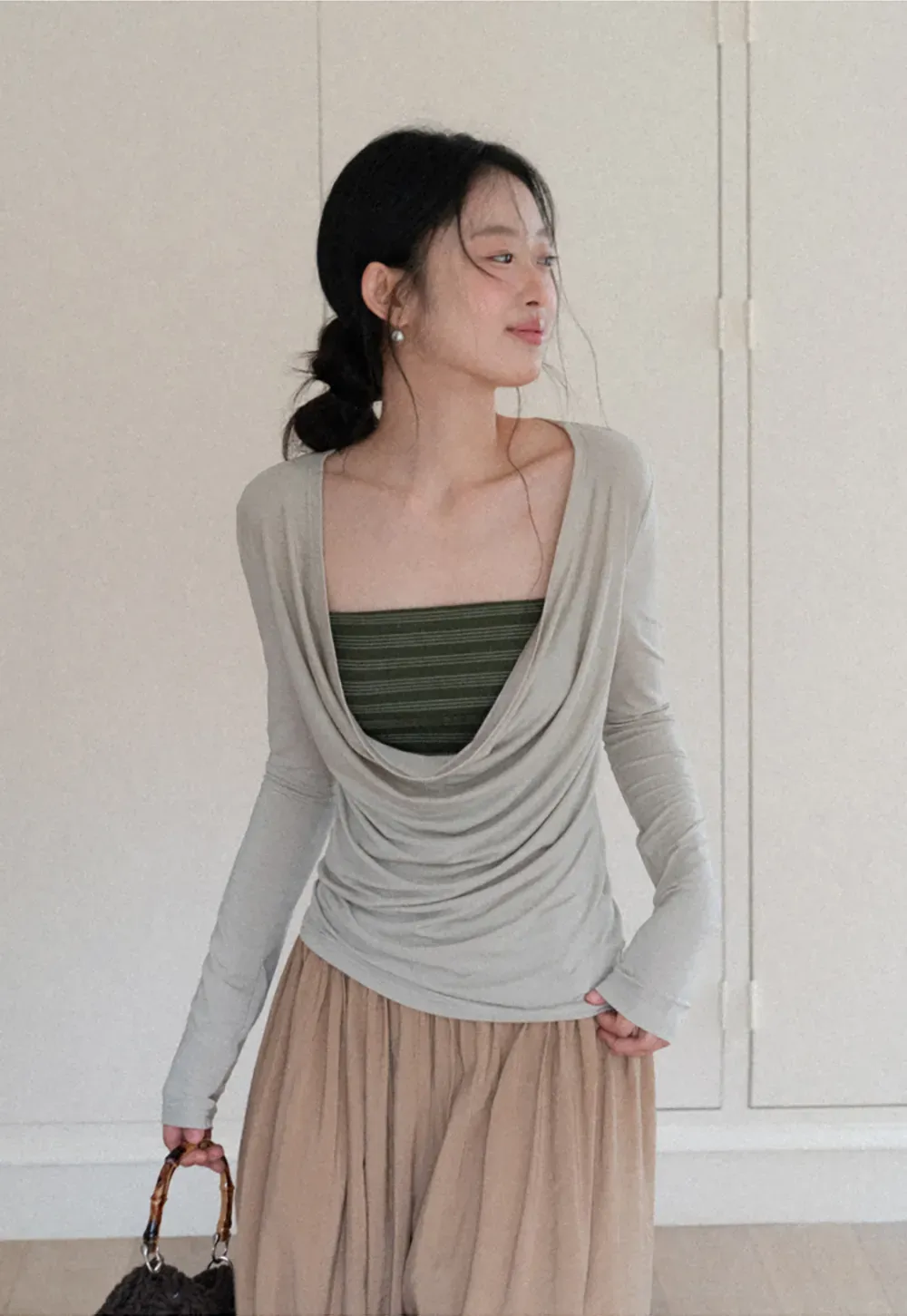 Long sleeve draped neckline top with square cutout