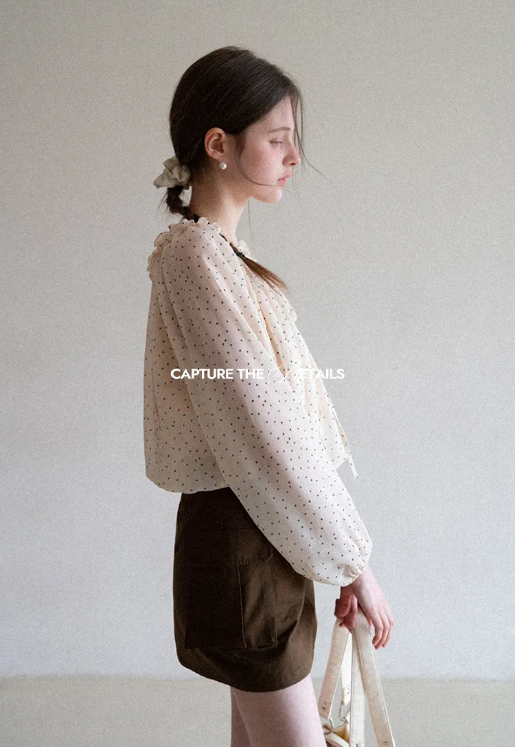 Polka Dot Ruffled Off Shoulder Chiffon Blouse