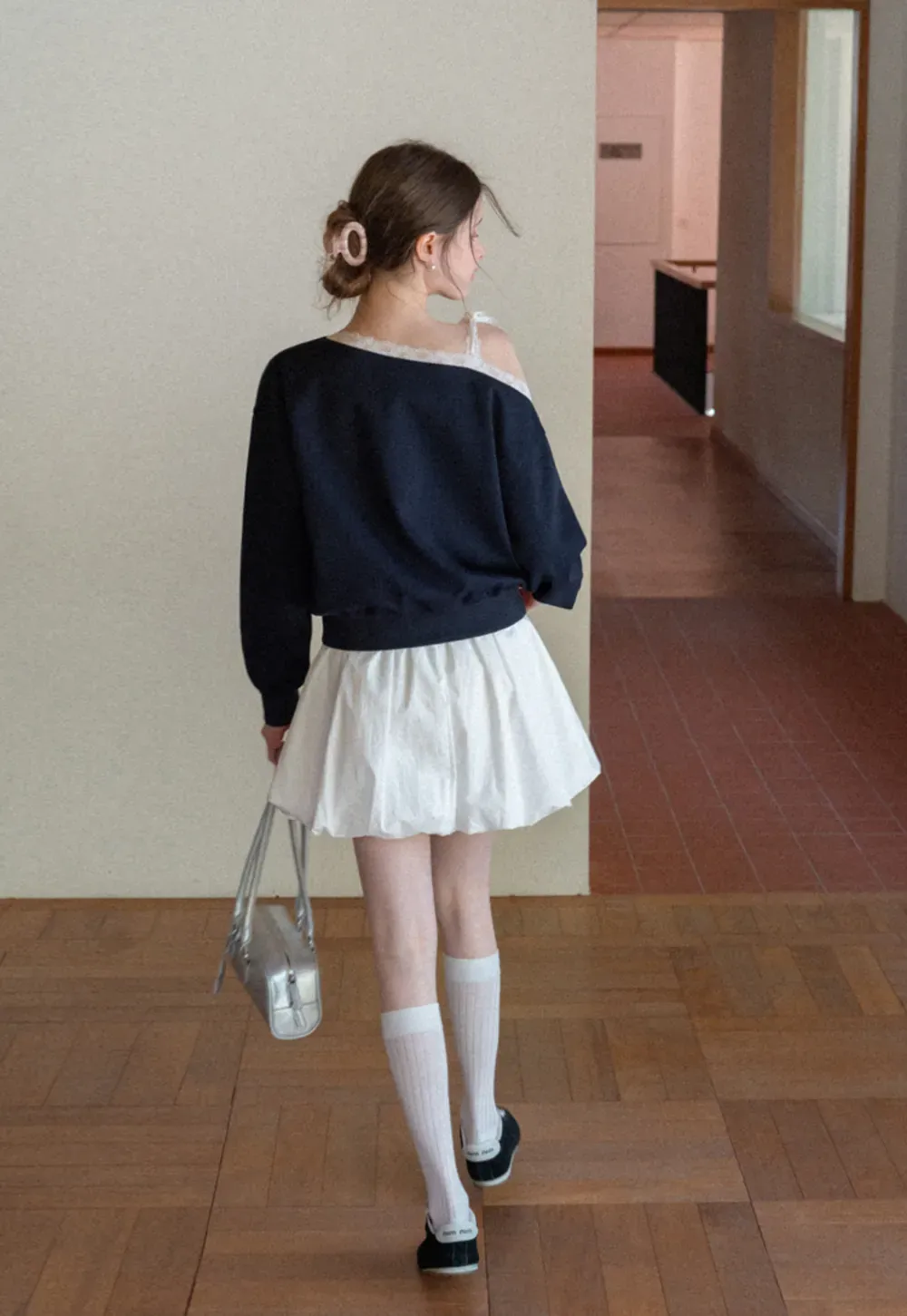 Off shoulder sweatshirt with lace trim detail