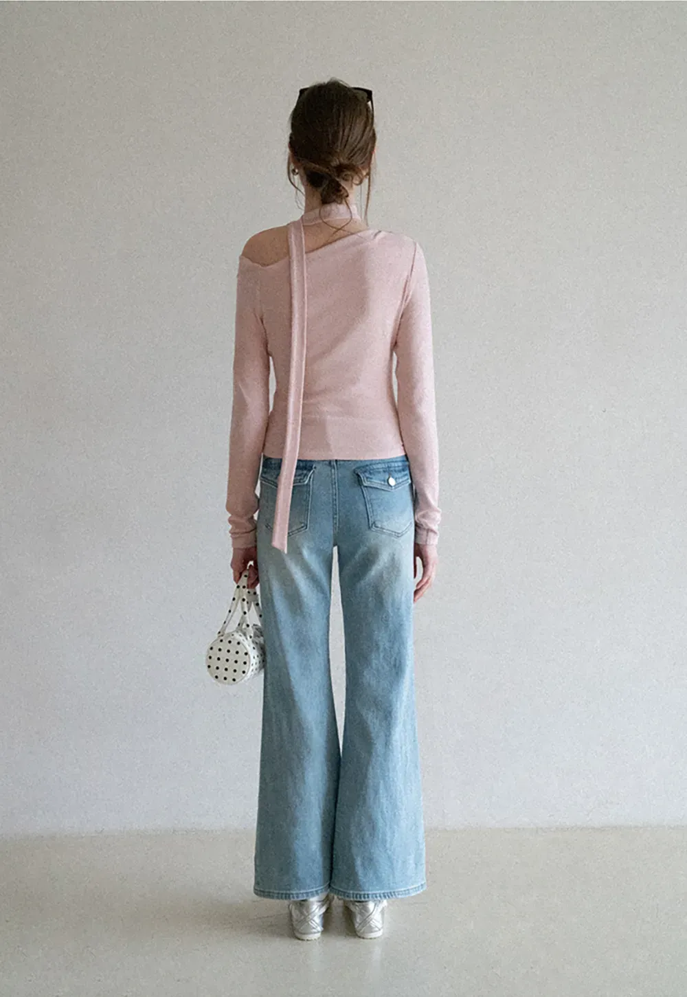 Long sleeve off shoulder top with neck tie detail