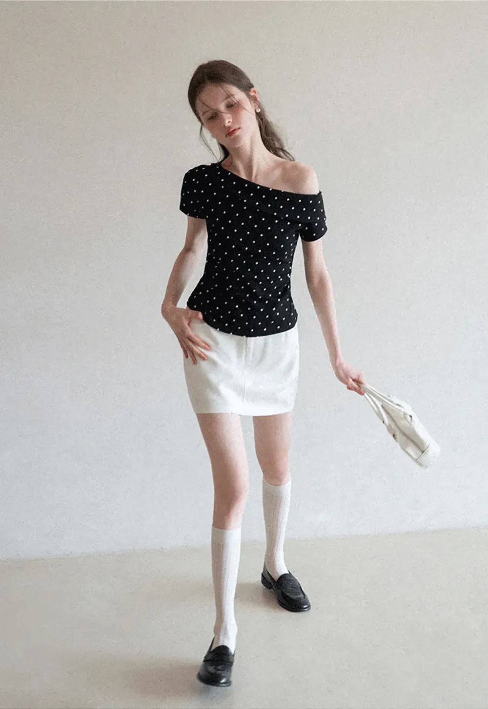 Polka dot off shoulder short sleeve tops