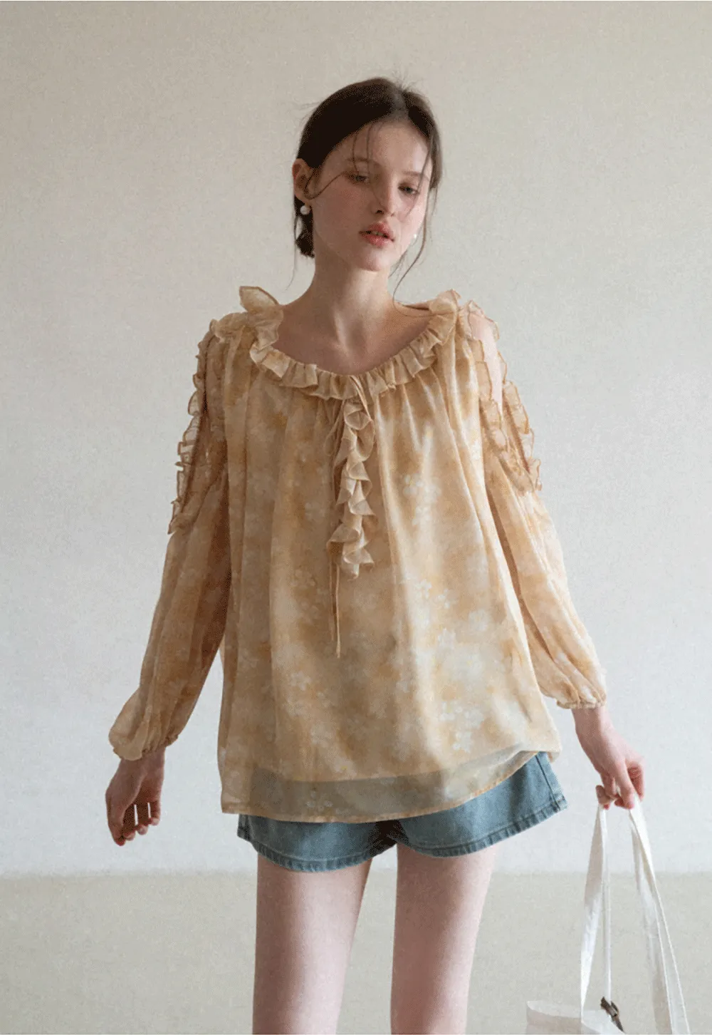 Lace Chiffon Blouse with Ruffled Neck and Sleeves