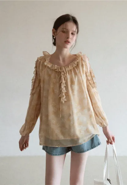 Lace Chiffon Blouse with Ruffled Neck and Sleeves