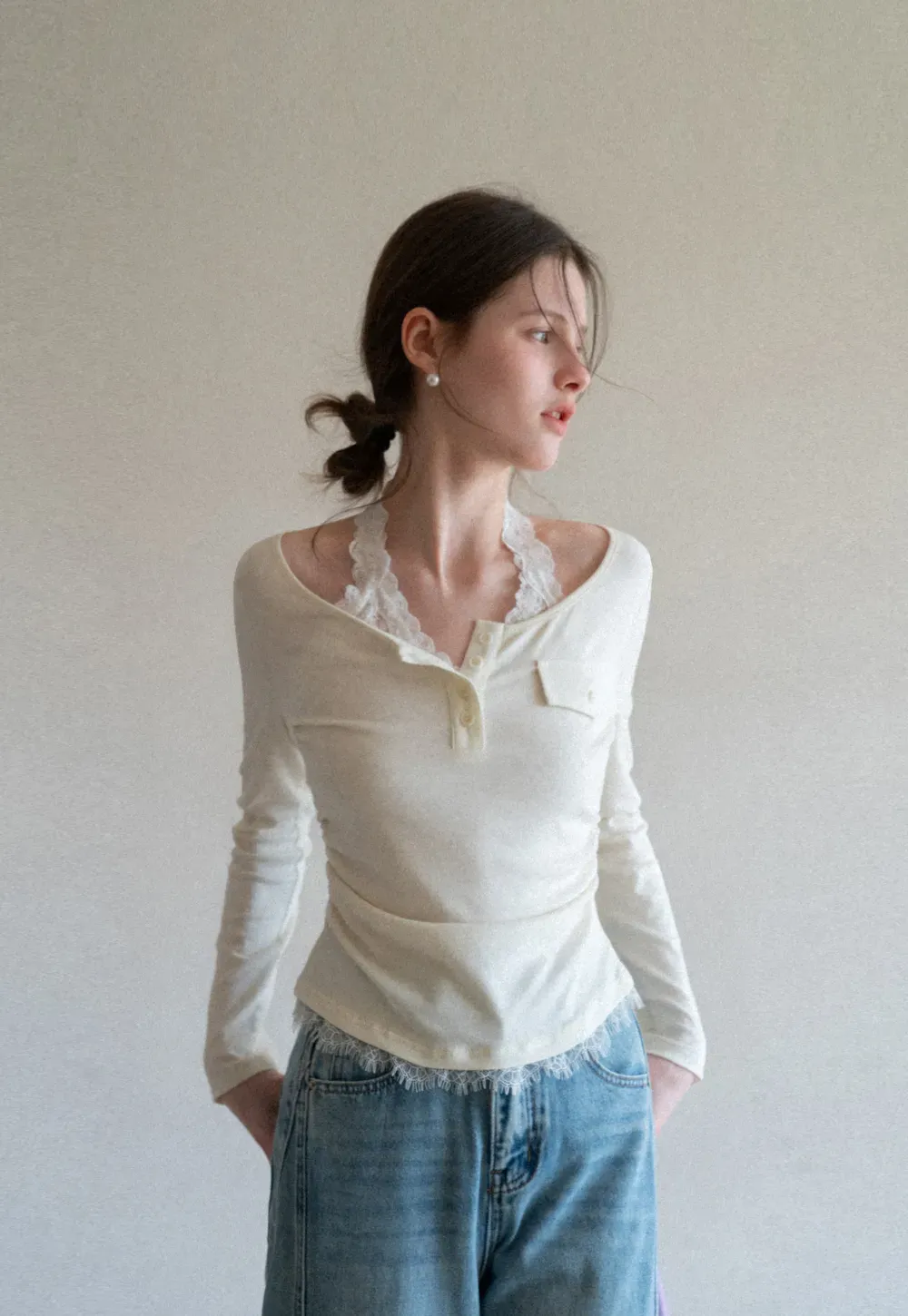 Long sleeve Henley top with lace trim