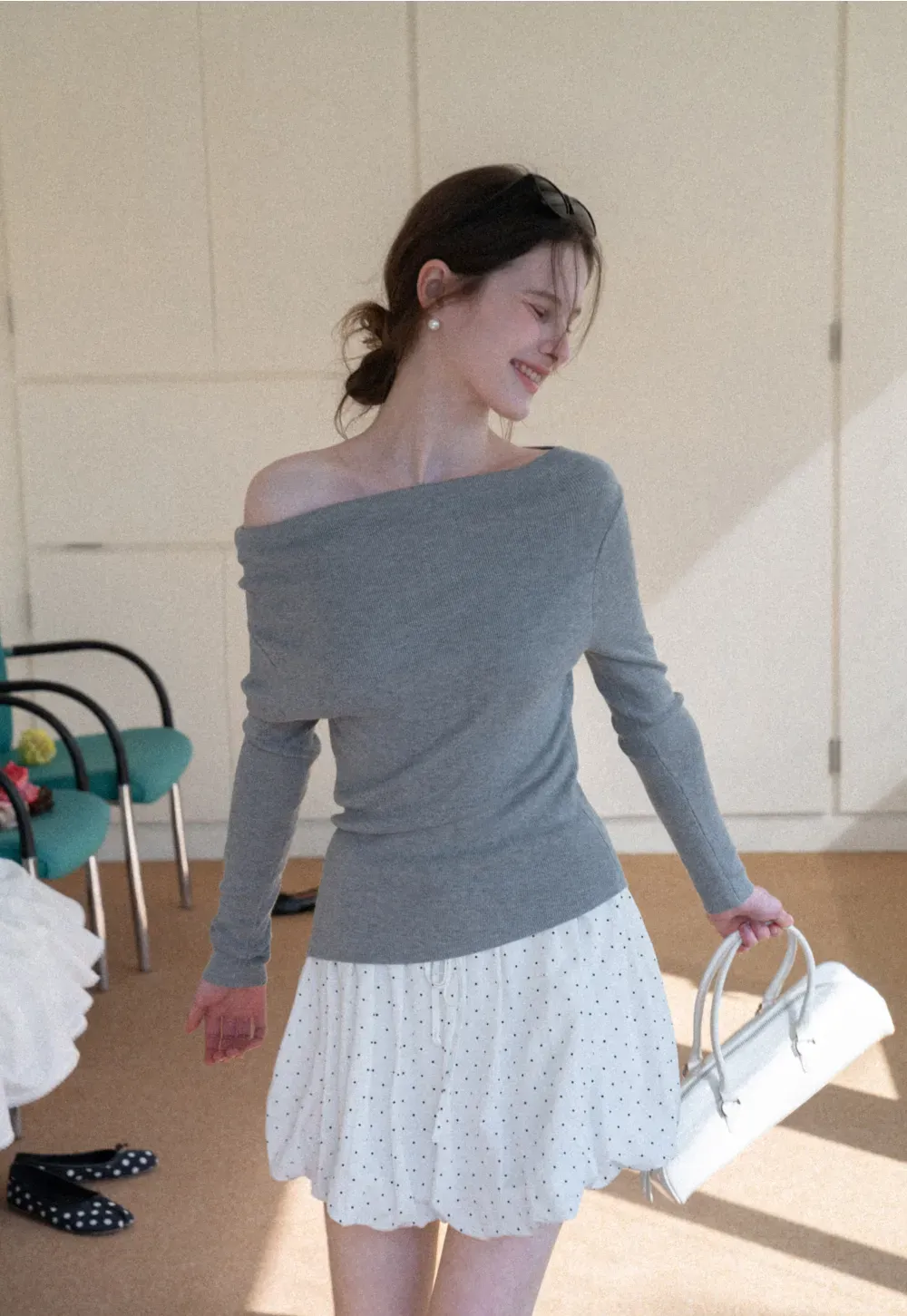 Polka dot pleated mini skirt with drawstring waist