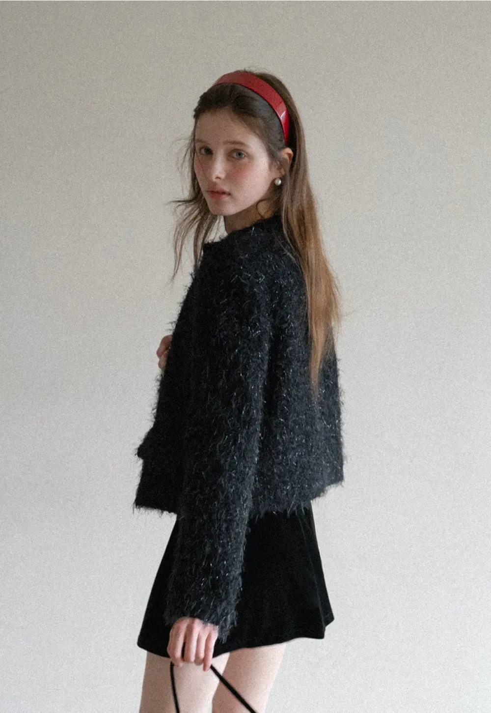 Fuzzy Knit Short Jacket with Button Detail