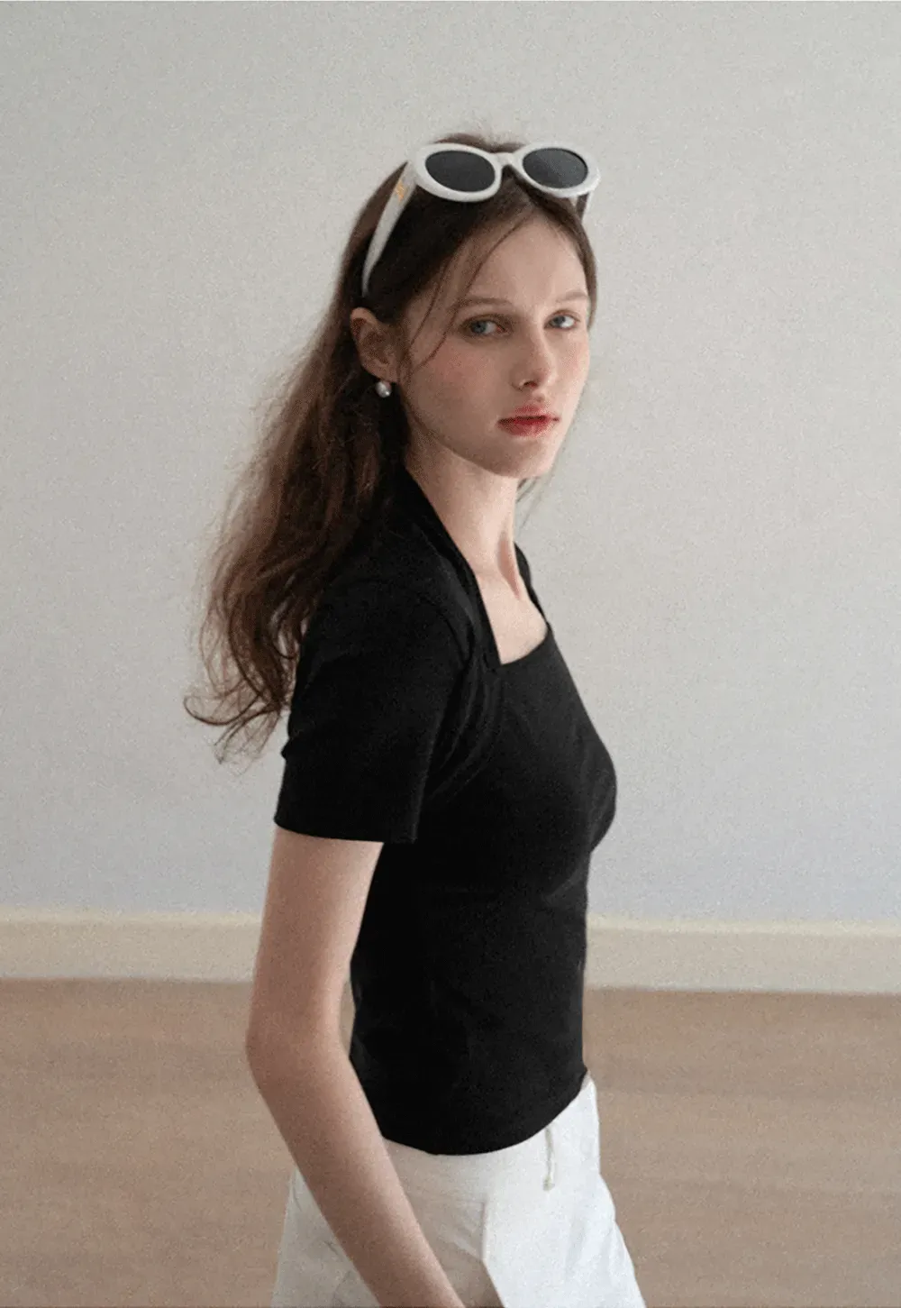 Square neck short sleeve fitted top