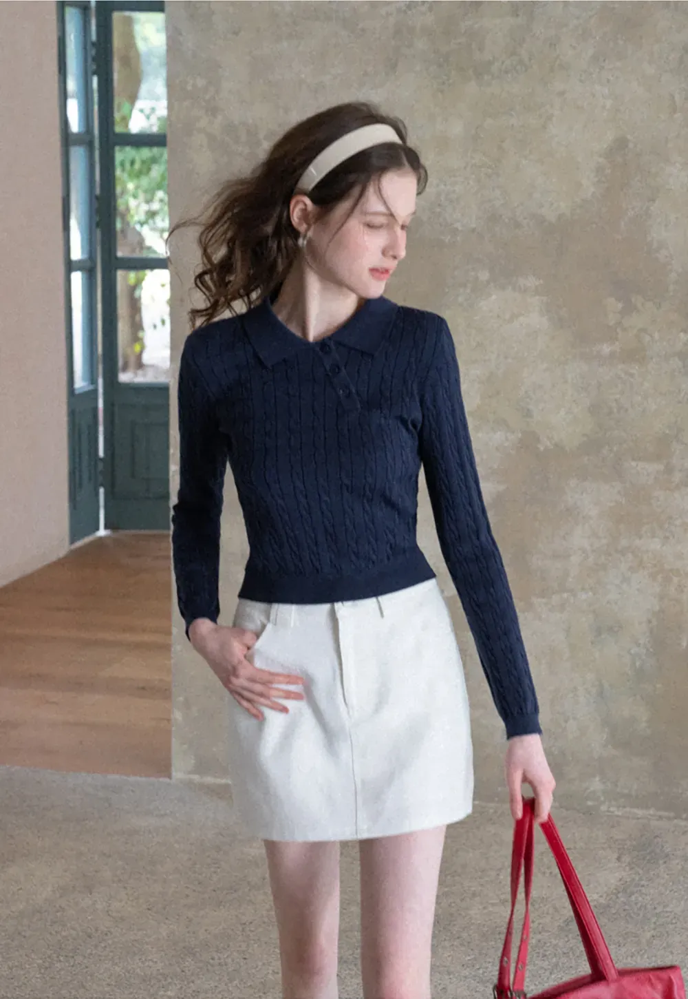 Cable Knit Long Sleeve Polo Neck Cropped Sweater