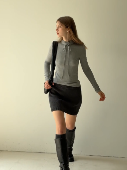 Ruffle Mock Neck Knit Top for Women Winter