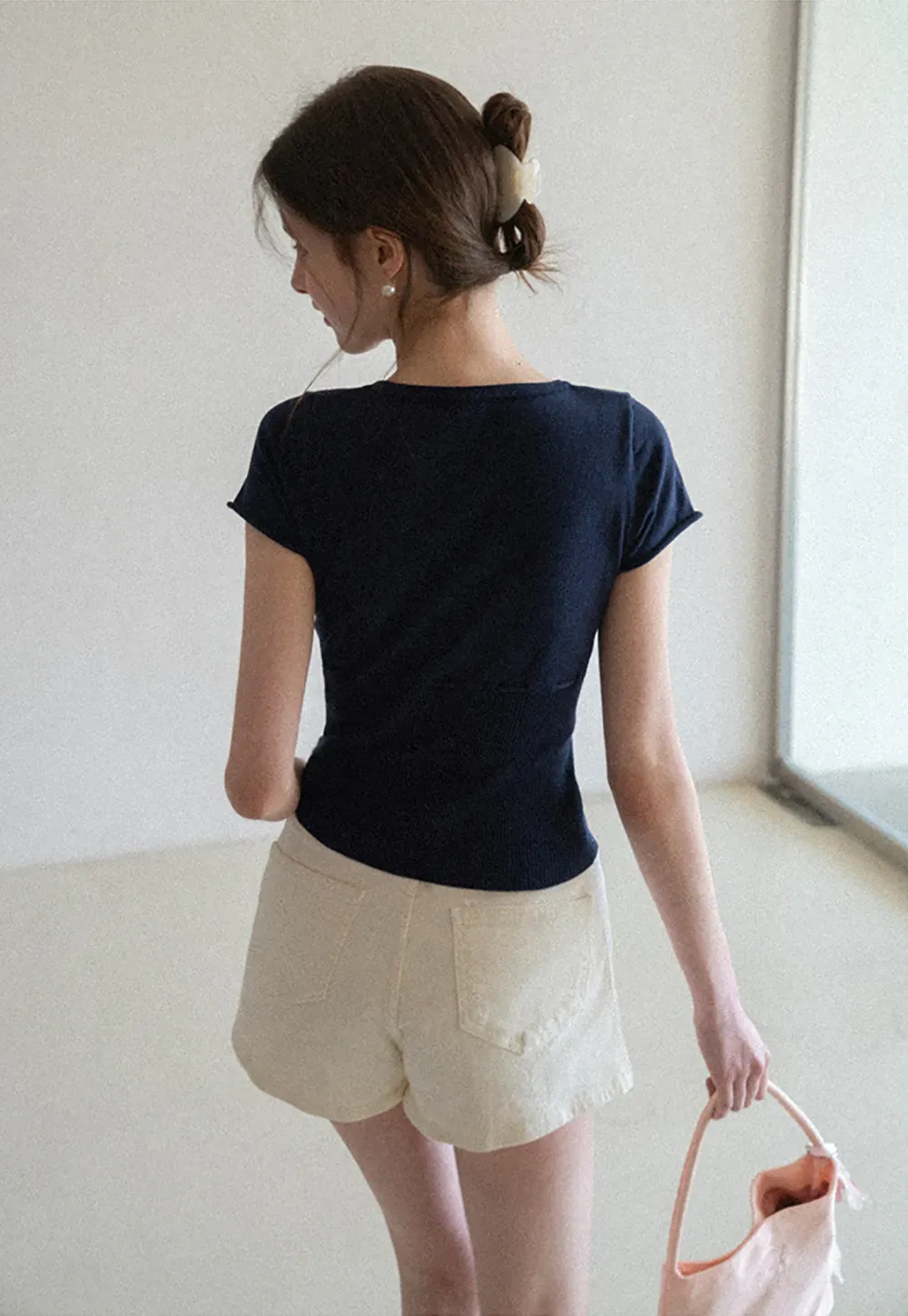 Short Sleeve Knit Cardigan with Front Buttons and Waist Tie