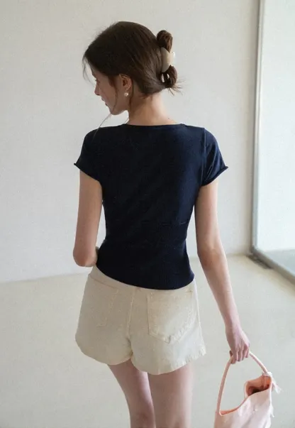 Short Sleeve Knit Cardigan with Front Buttons and Waist Tie