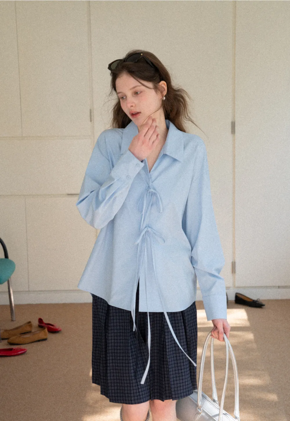 Long sleeve shirt with front tie detail