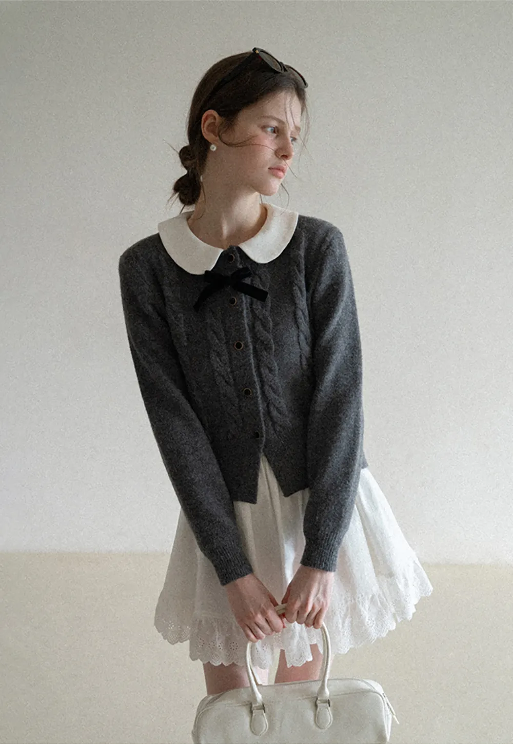 Elegant Cable Knit Cardigan with Bow Detail
