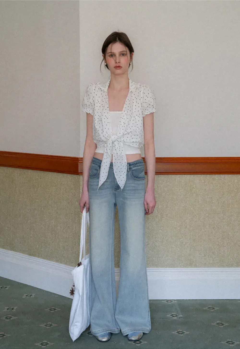 Polka dot short sleeve shirt with front tie detail