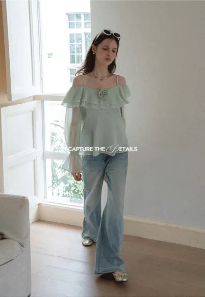 Off Shoulder Blouse with Ruffled Layers and Floral Embellishment