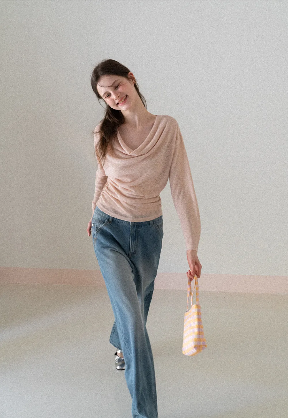 Long sleeve off shoulder draped knit top