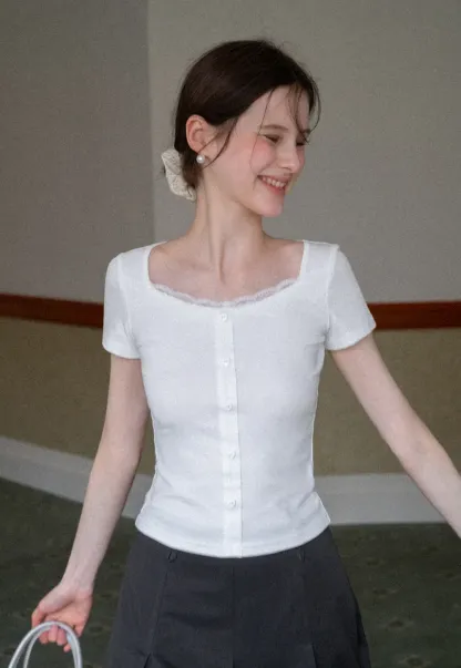 Short Sleeve Button Front Top with Lace Trim