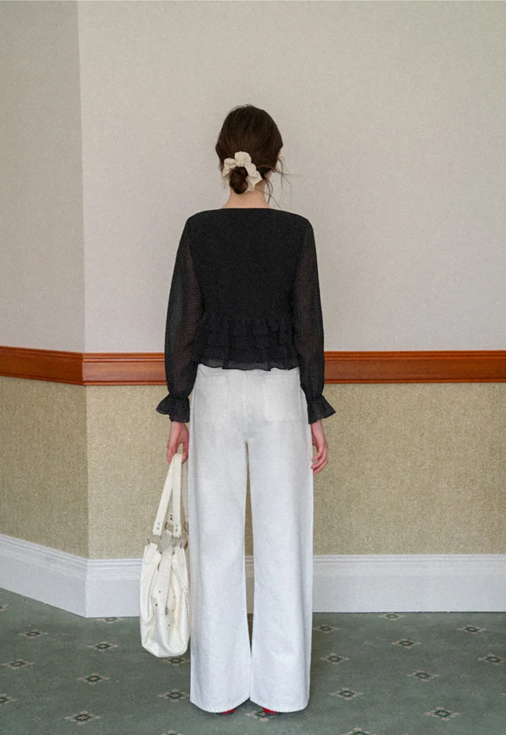 Polka Dot Sheer Blouse with Ruffled Hem and Tie Neck