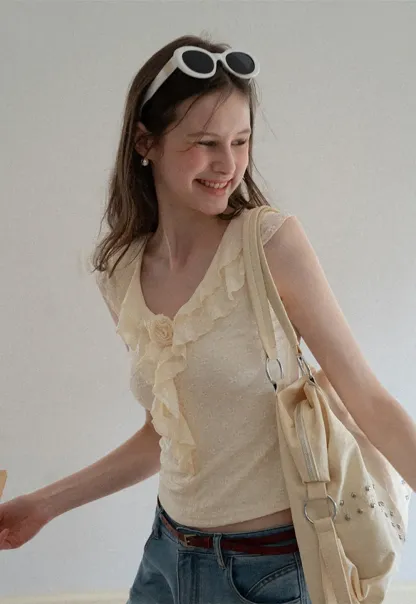 Sleeveless Top with Ruffled V Neck and Floral Detail