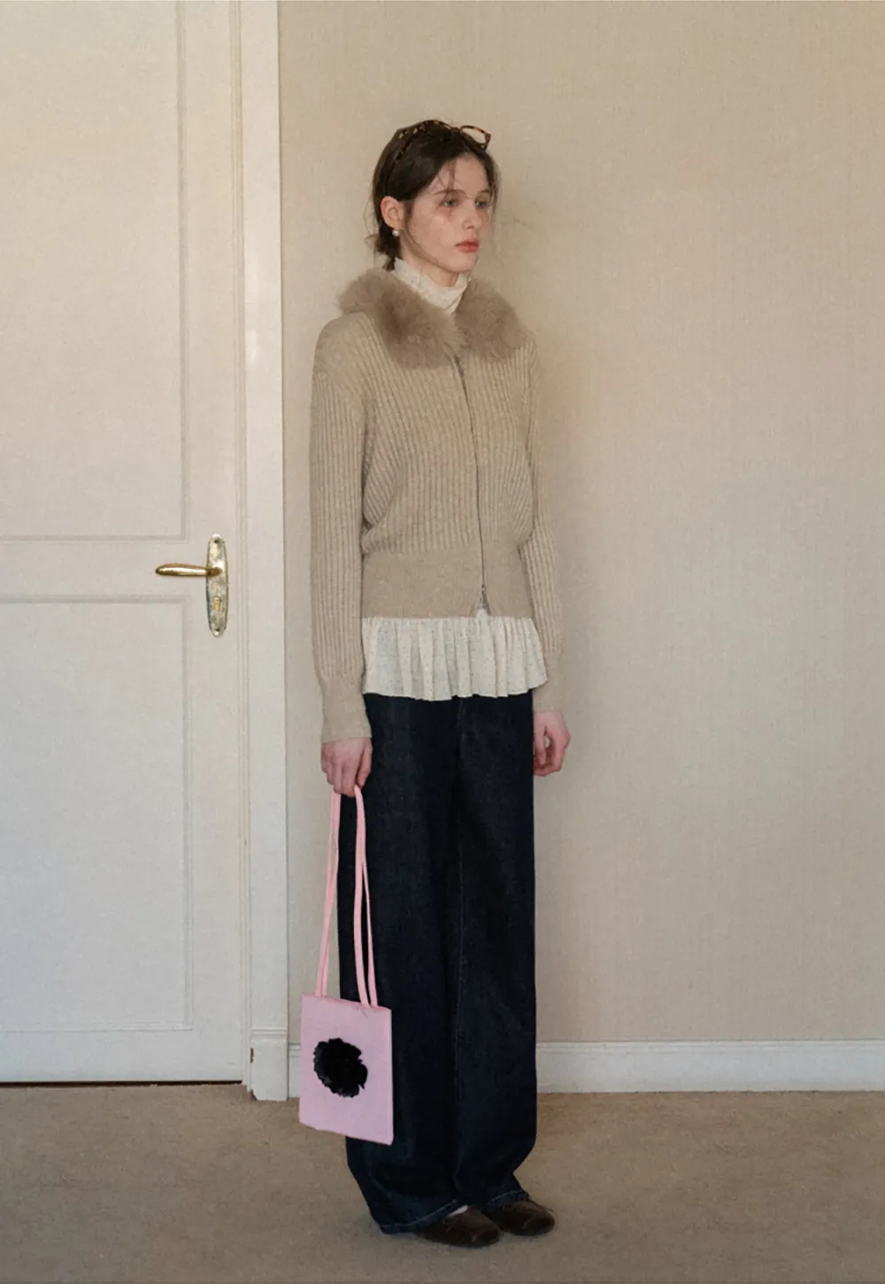 Ribbed knit sweater with fur collar detail