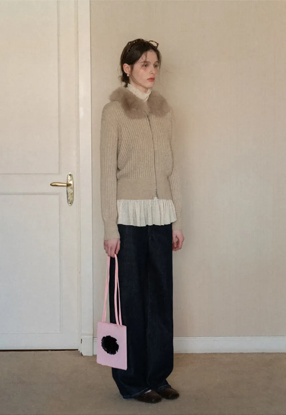 Ribbed knit sweater with fur collar detail