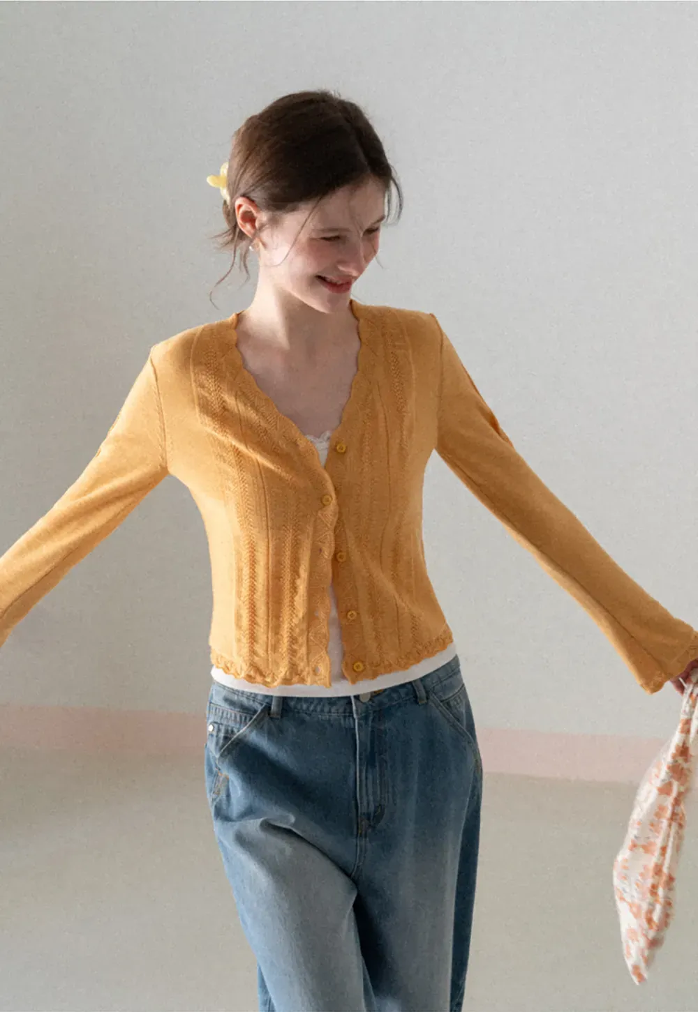 Long Sleeve Knit Sweater with Lace Trim