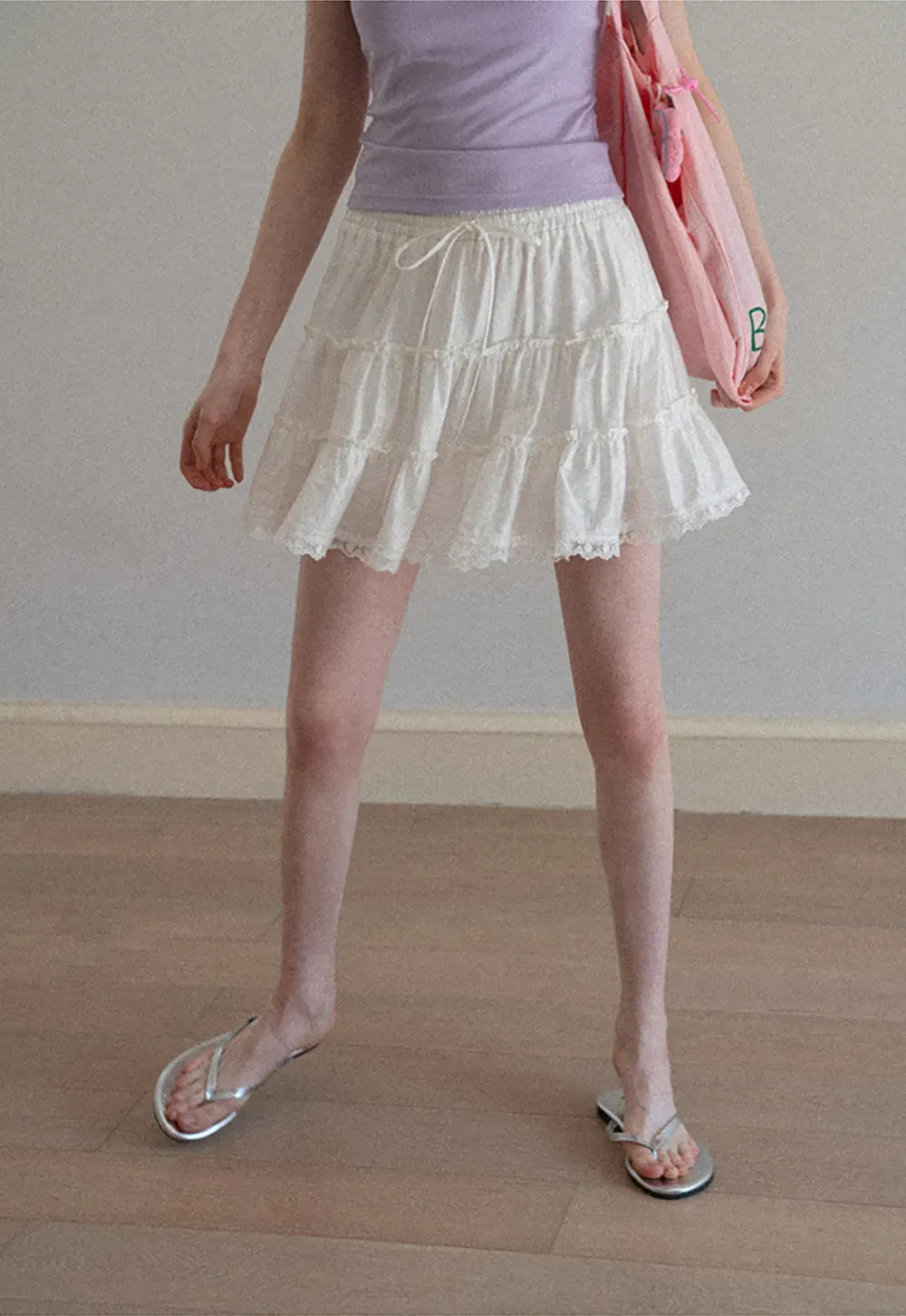 Tiered lace hem drawstring waist skirt