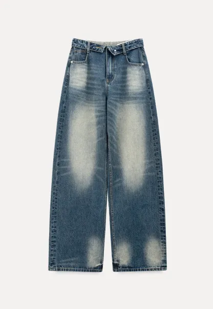 Wide leg high waist denim jeans with faded wash design