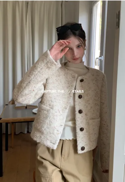 Textured Short Jacket with Long Sleeves and Round Neck