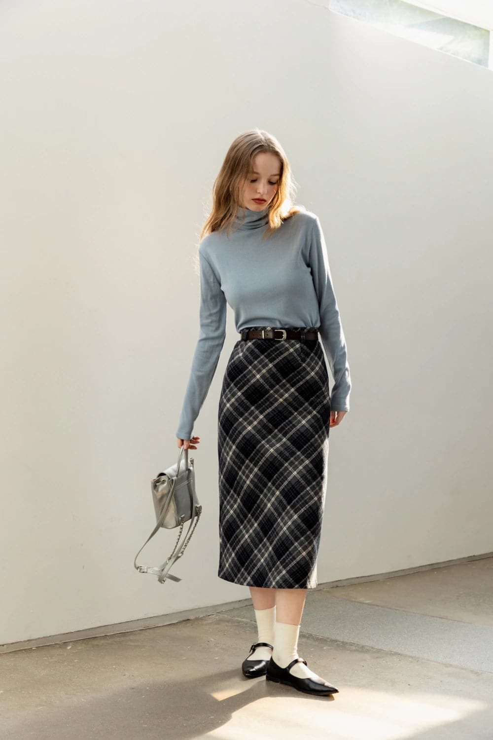 Classic Plaid Midi Skirt with Belted Waist