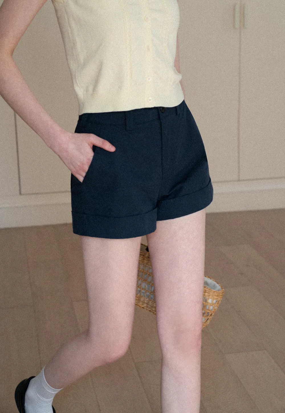 Cropped Tailored Shorts with Cuffed Hem