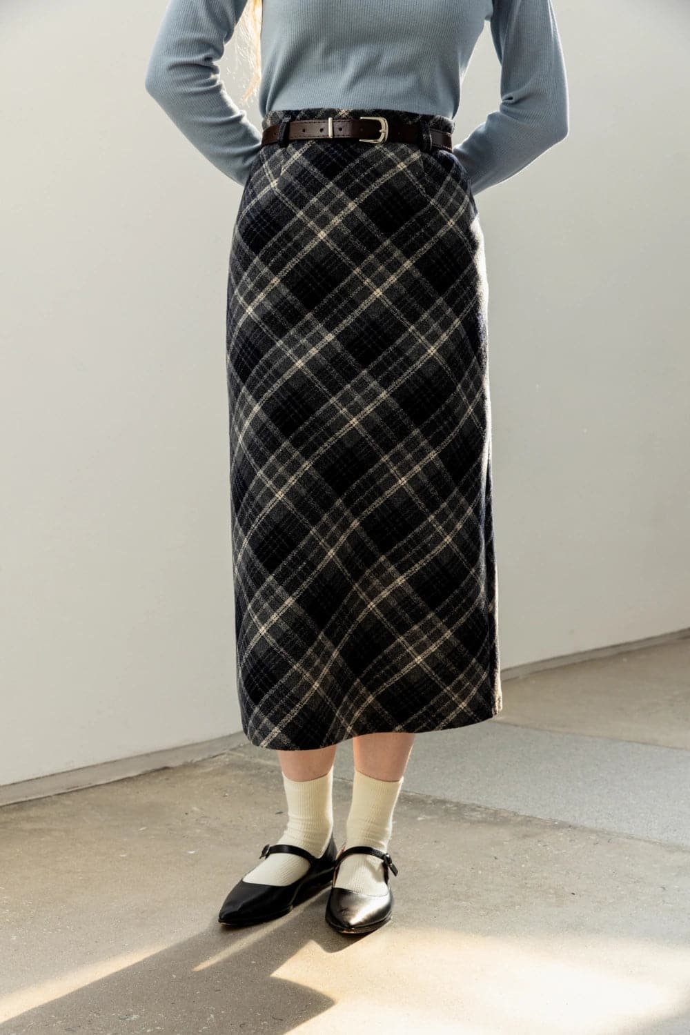 Classic Plaid Midi Skirt with Belted Waist