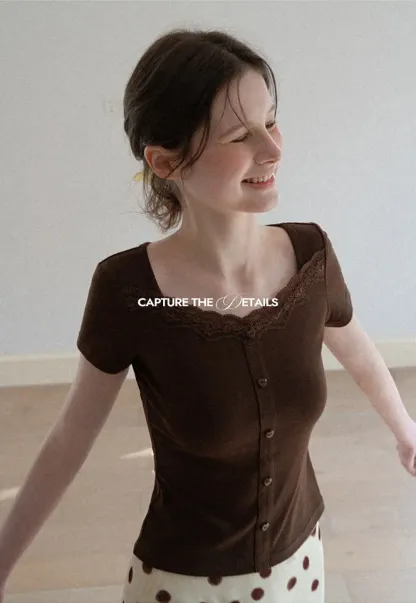 Short Sleeve Button Front Top with Lace Trim