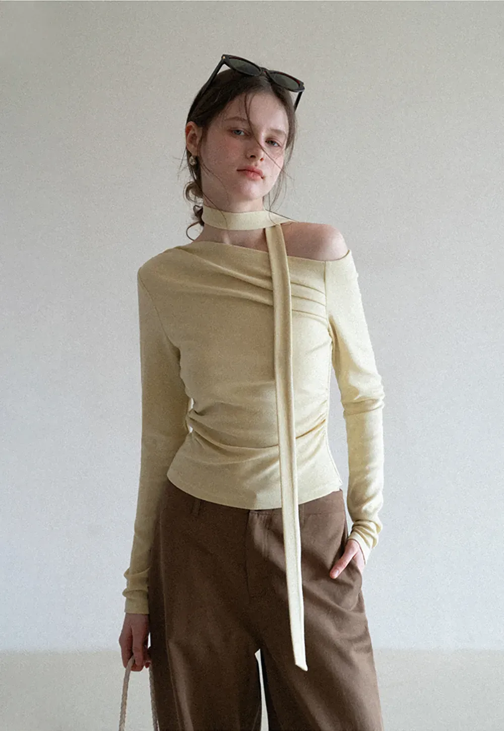 Long sleeve off shoulder top with neck tie detail