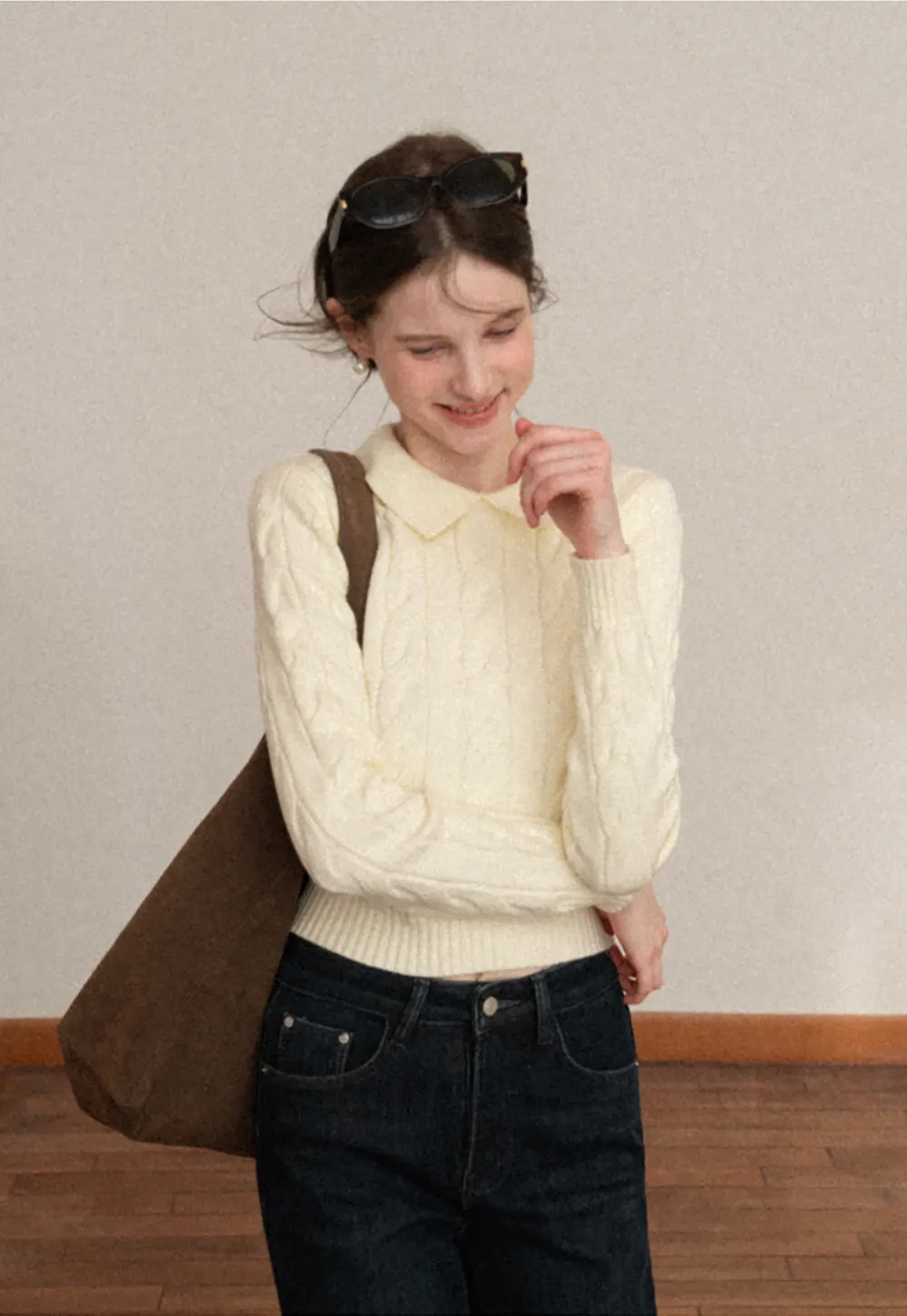 Cable Knit Crop Sweater with Collar