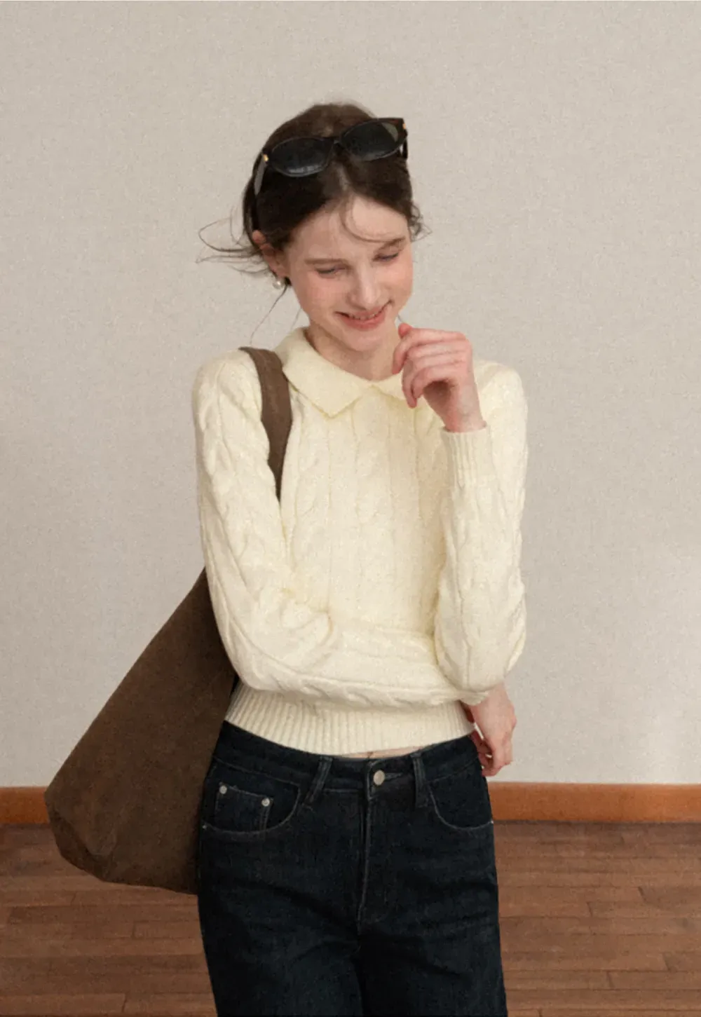 Cable Knit Crop Sweater with Collar