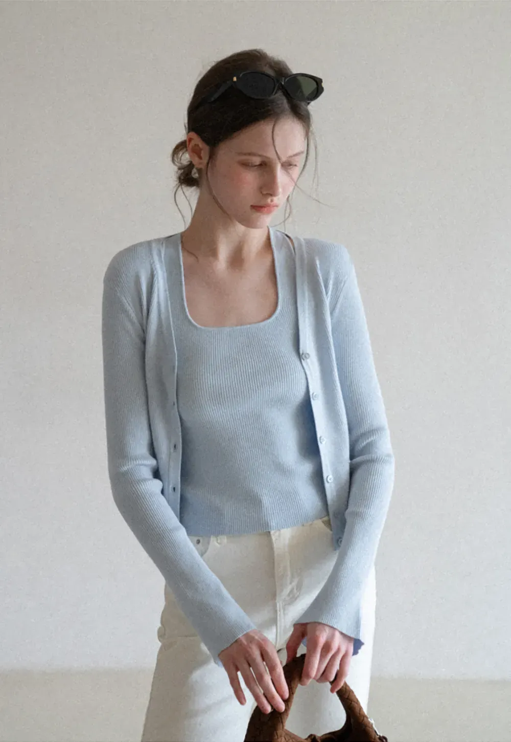 Light Knit Sweater Set with Tank Top and Cardigan Design