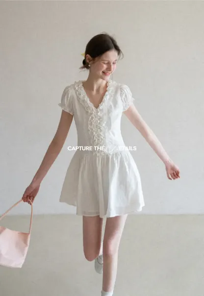 Ruffled V Neck Short Sleeve A Line Dress