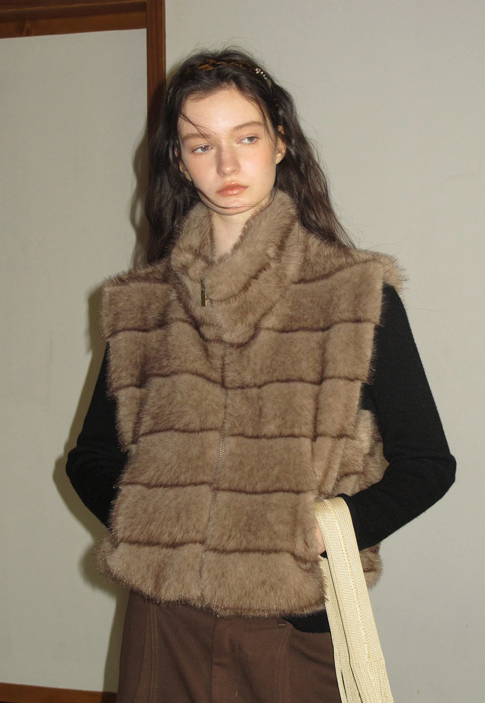 Layered Fuzzy Stand-Collar Vest