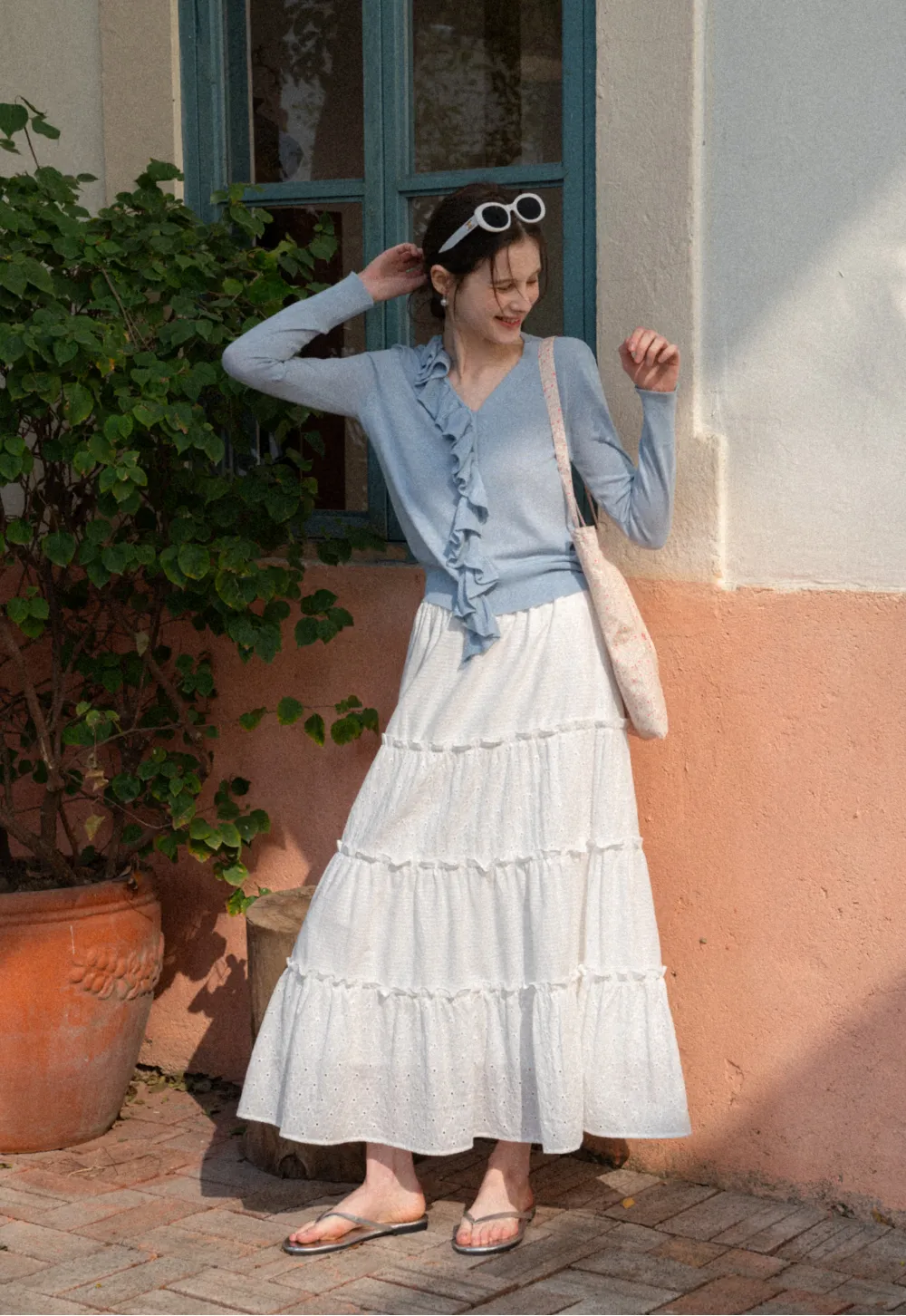 Tiered Ruffled Eyelet Maxi Skirt