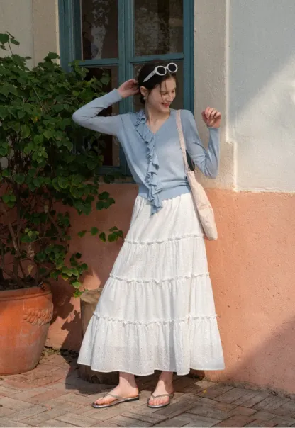 Tiered Ruffled Eyelet Maxi Skirt
