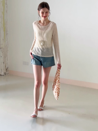 Long sleeve sheer knit top with round neckline