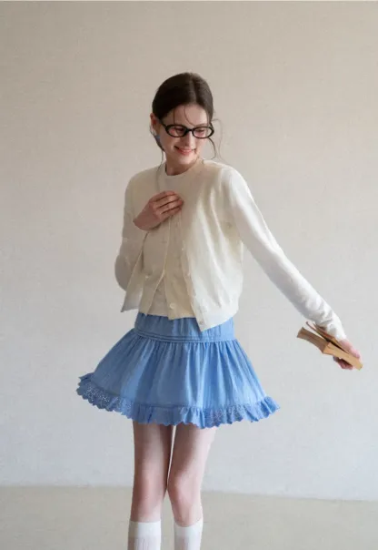 Eyelet Trimmed Tiered Skirt with Ruffled Hem