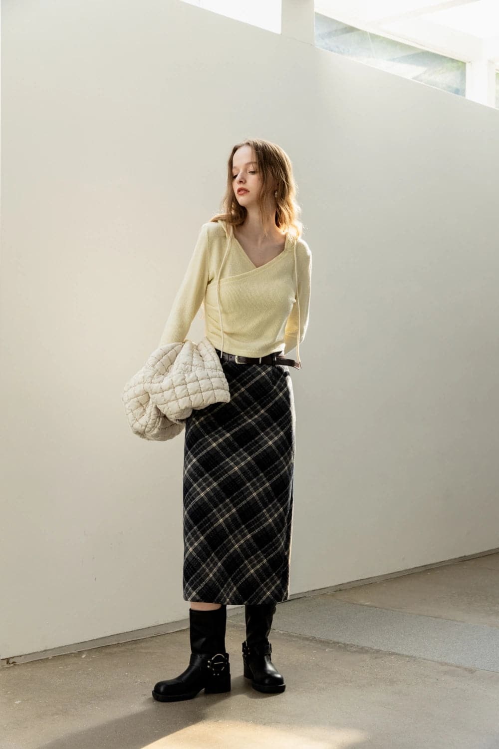 Classic Plaid Midi Skirt with Belted Waist