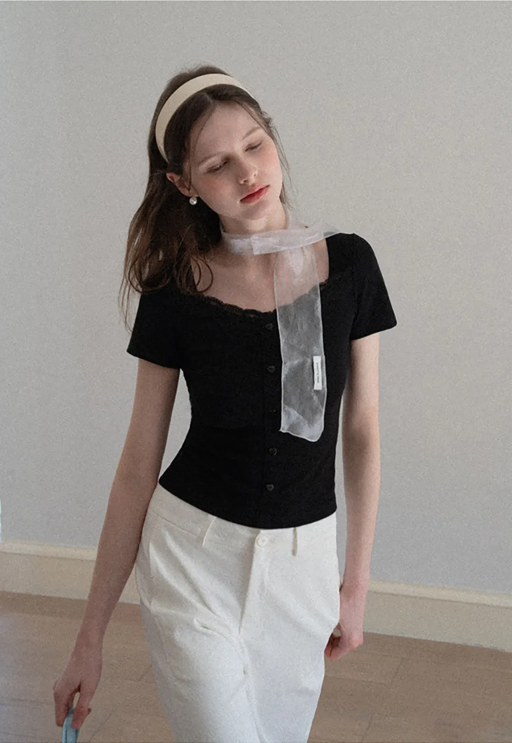 Short Sleeve Button Front Top with Lace Trim