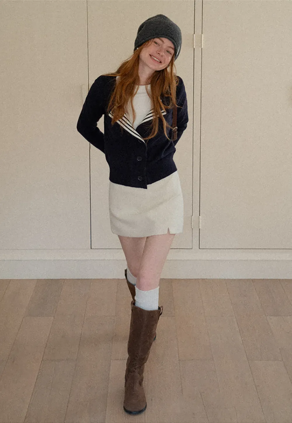 A-line mini skirt with textured fabric and central seam design