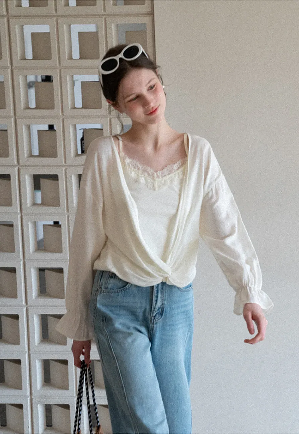 Lace Trimmed V Neck Long Sleeve Wrap Shirt