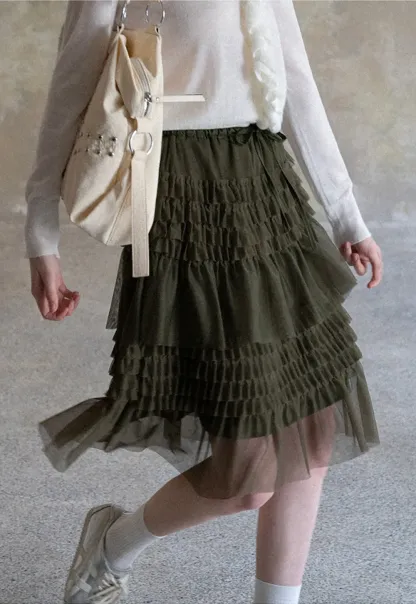 Tiered Ruffled Sheer Skirt with Drawstring Waist